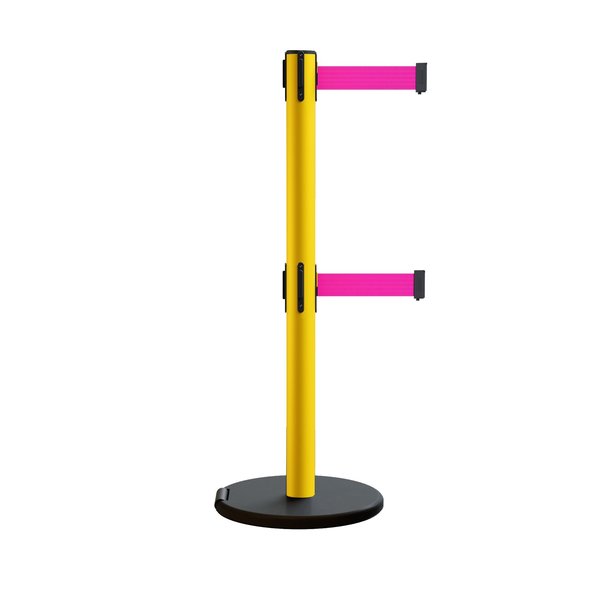 Montour Line Retractable Belt Dbl Rolling Stanchion 2.5ft Yellow Post  7.5ft Fl.Pnk MSE630D-YW-FPK-75